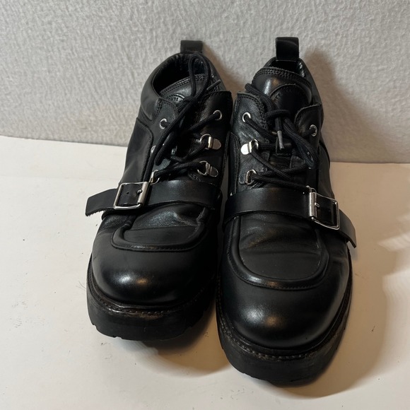 ALLSAINTS Black Leather Buckle Lace Up Ankle Boots, Lug Sole, Euro 40 US 10 - Picture 1 of 9